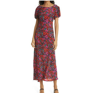 RIXO Reese Cap Sleeve Silk Leaf Print Dress